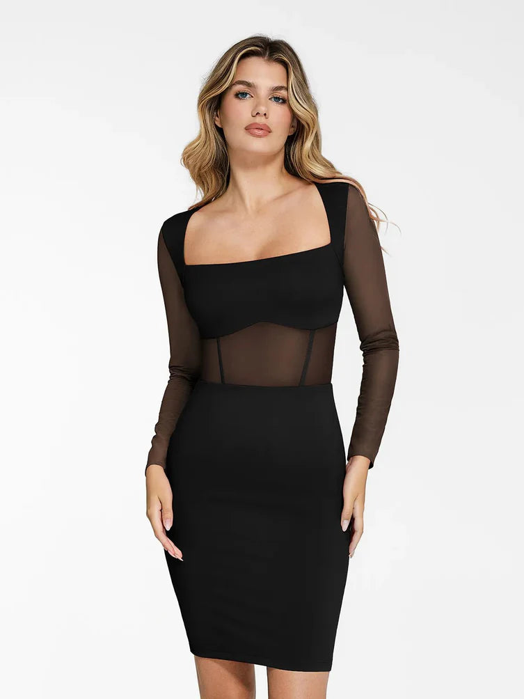 Das Shapewear-Kleid Sculpting Langarm Mesh Midi