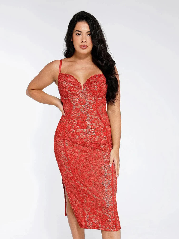 Elegantes Spitzen-Shapewear Midi-Kleid mit eingearbeiteter Unterstützung