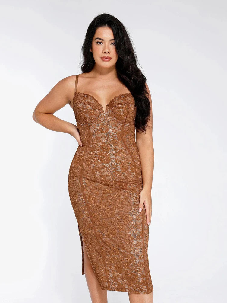 Elegantes Spitzen-Shapewear Midi-Kleid mit eingearbeiteter Unterstützung