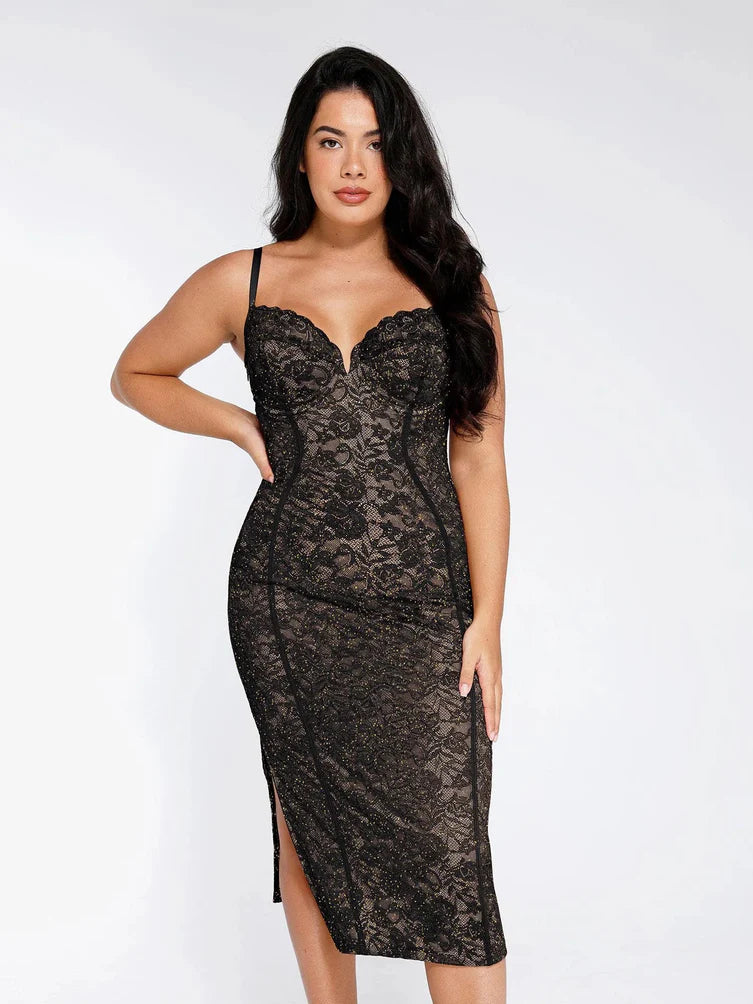 Elegantes Spitzen-Shapewear Midi-Kleid mit eingearbeiteter Unterstützung