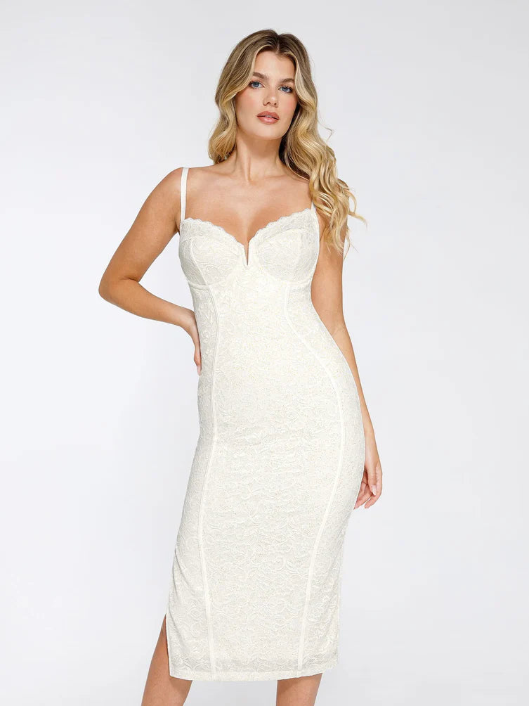 Elegantes Spitzen-Shapewear Midi-Kleid mit eingearbeiteter Unterstützung