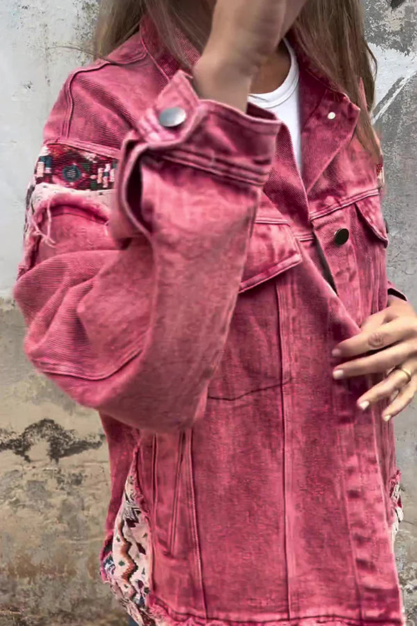 Vintage Patchwork Jeansjacke mit lockerer Tasche