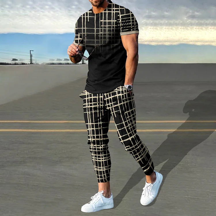 Kombiteil aus T-Shirt und Hose in Schwarz-Khaki mit Karomuster und Farbverlauf in Schwarz