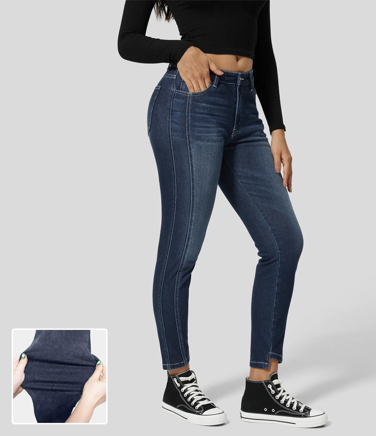 Mittlere Leibhöhe, Knopfverschluss, Reißverschluss, Mehrere Taschen, Dehnbare Strickjeans, Lässige Röhrenpassform.